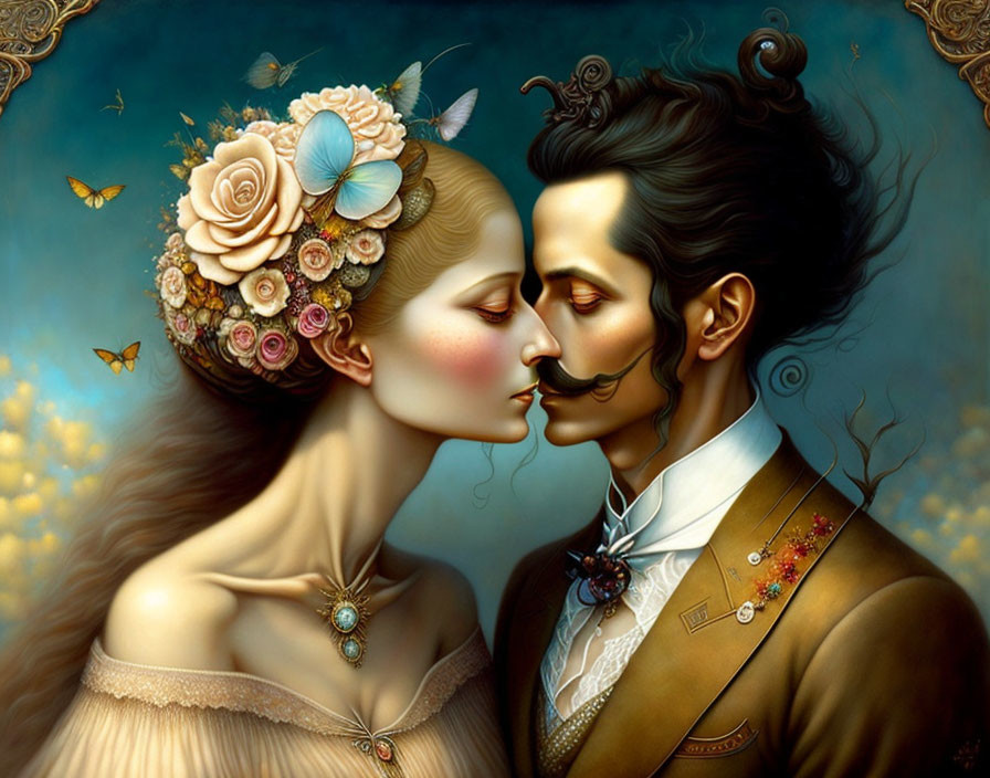 Romantic painting of man and woman in embrace with butterflies