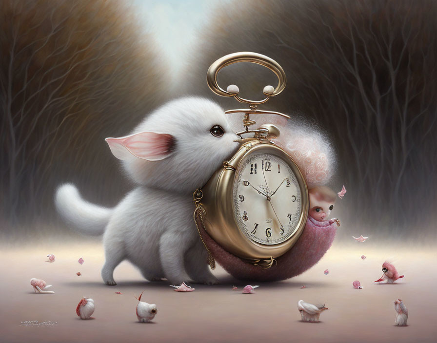 Whimsical painting: Fluffy kitten with pocket watch, baby, birds, and petals