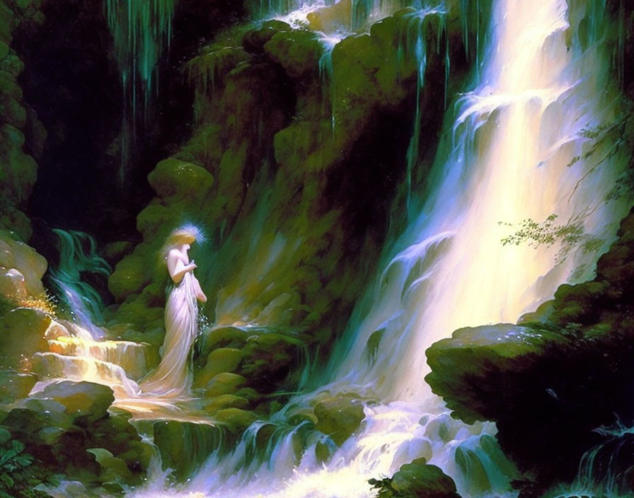 Fantastical scene with woman by lush waterfall