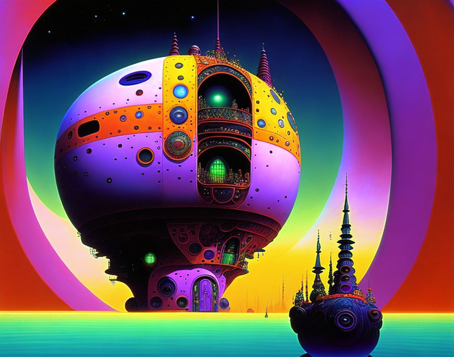 Colorful Psychedelic Spaceship Floating Above Mirrored Surface