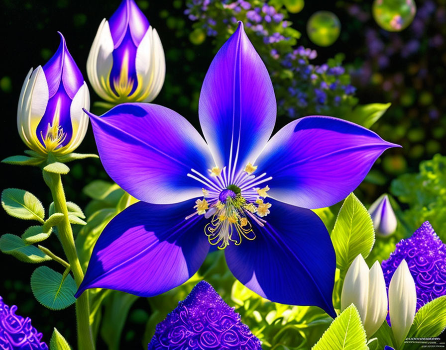 Colorful Blue and Purple Flowers with White Accents in Lush Greenery