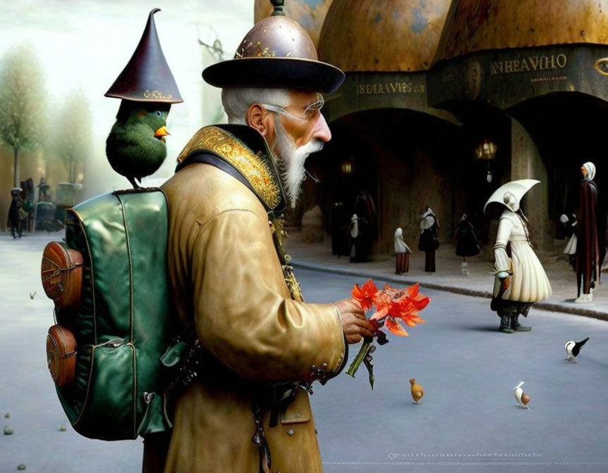 Surreal elderly man in steampunk attire with flowers, large bird in whimsical town.