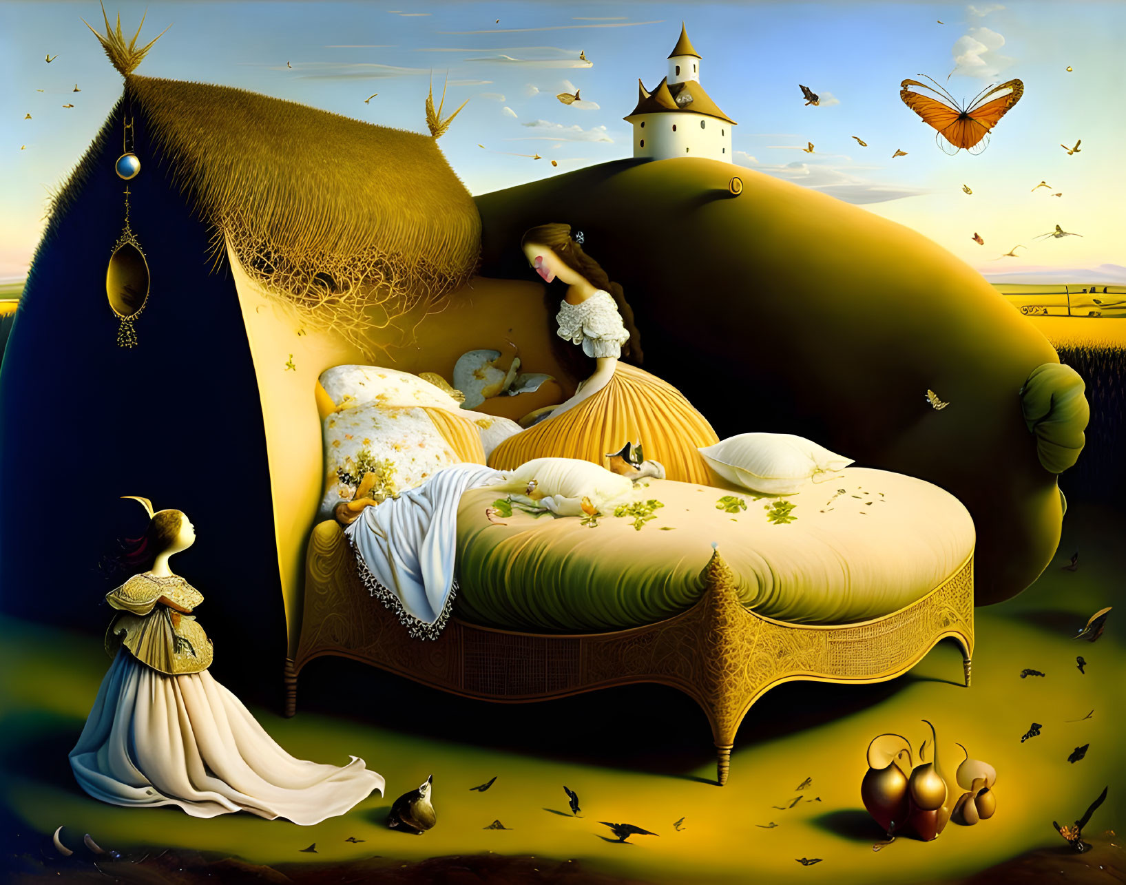 Surreal artwork: Giant sleeping figure, woman, butterfly, birds