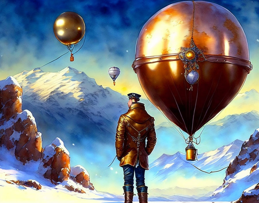 Vintage pilot in surreal scene with ornate hot air balloons above snowy mountains