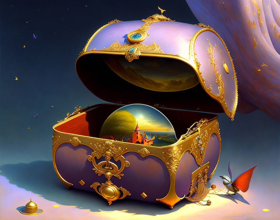 Golden chest with magical landscape and butterfly in a fantastical image