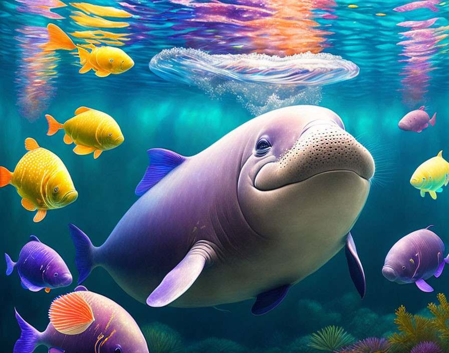 Colorful Underwater Scene with Smiling Manatee and Fish