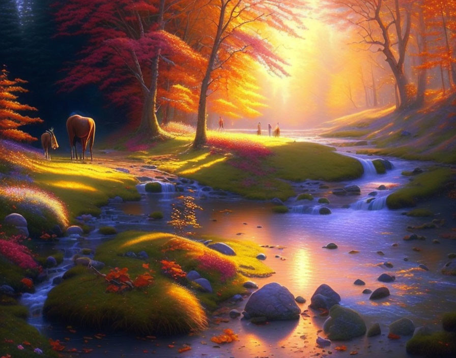 Tranquil sunset landscape with stream, greenery, autumn trees, soft glow, and distant figures