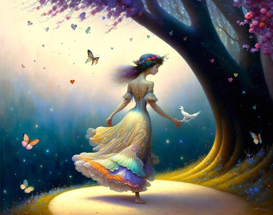 Whimsical artwork of young woman in magical forest with butterflies and glowing lights