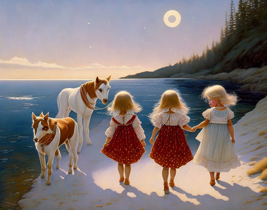 Three young girls walking with horses on beach at sunset with moon in sky