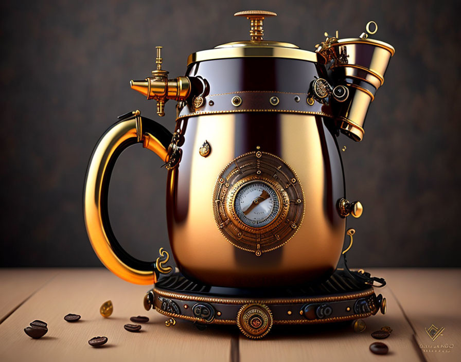 Steampunk-style coffee pot with metallic accents and gears on wooden surface