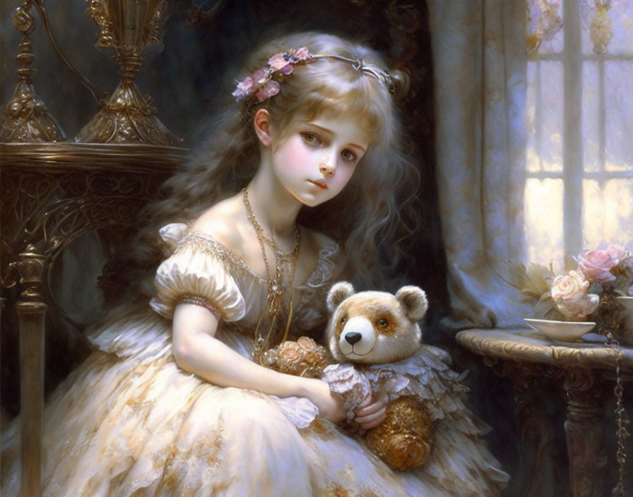 Young girl in elegant dress with teddy bear by softly lit window