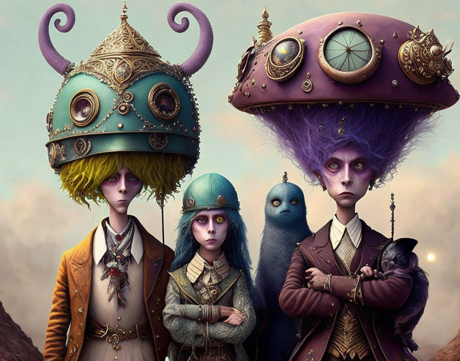 Stylized whimsical characters with steampunk helmets and vibrant hair.