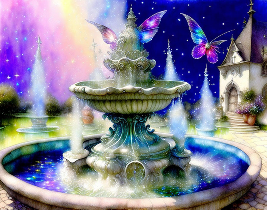 Colorful butterfly near intricate fountain in fantasy setting