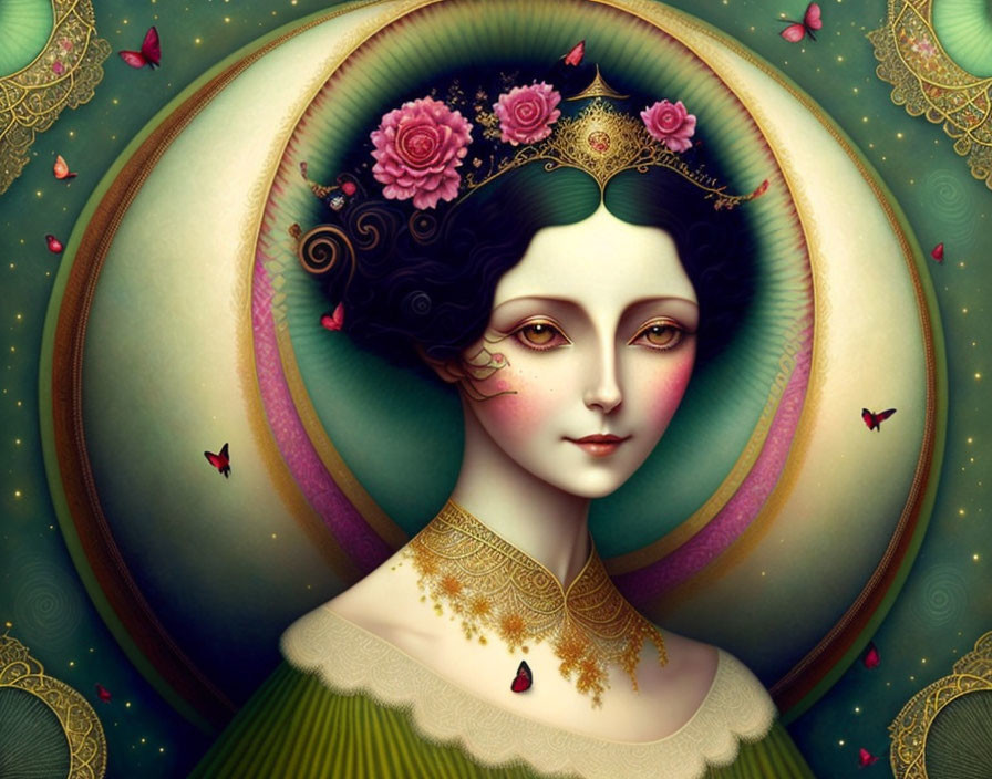 Digital painting of woman in green dress with halo, butterflies, and flowers