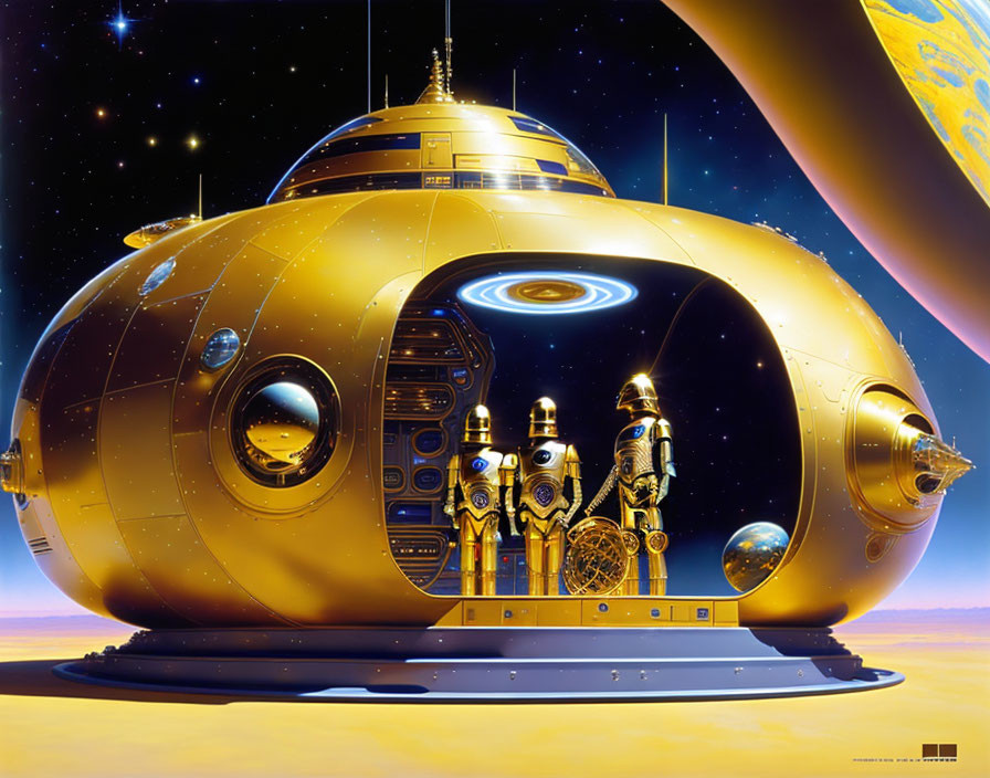 Golden round spaceship lands with robots on starry planet surface