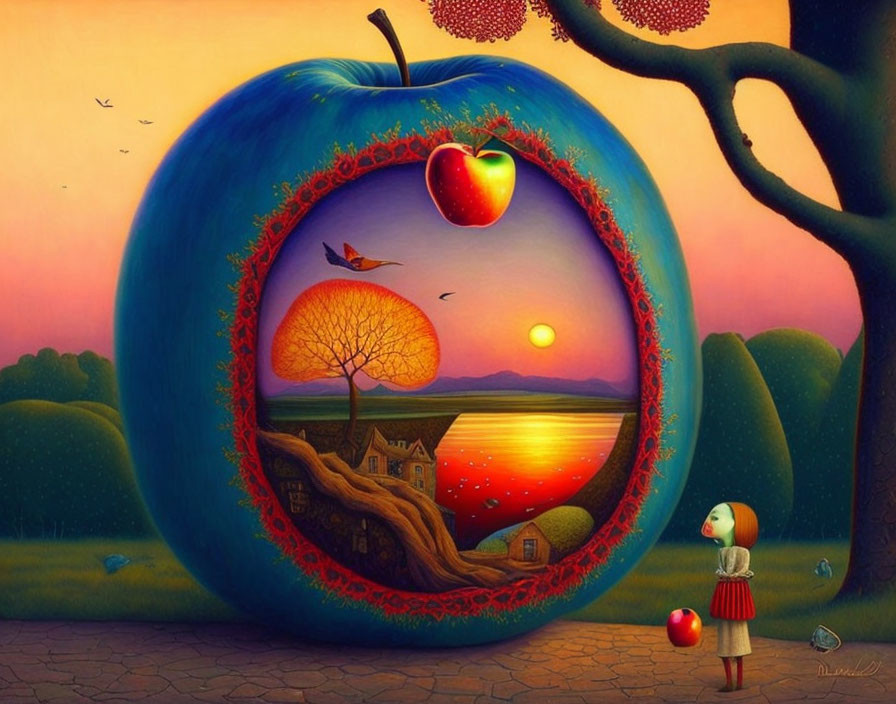 Whimsical painting: Giant apple, sunset window, girl, and apple tree