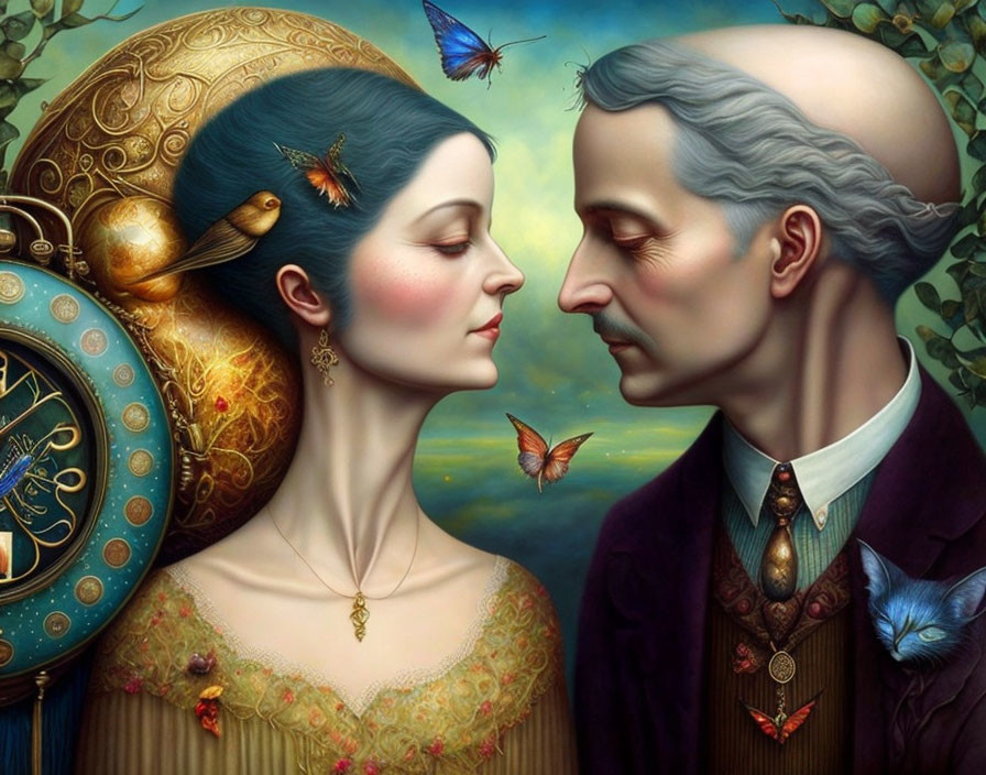 Surreal painting of man and woman in vintage attire with butterflies.