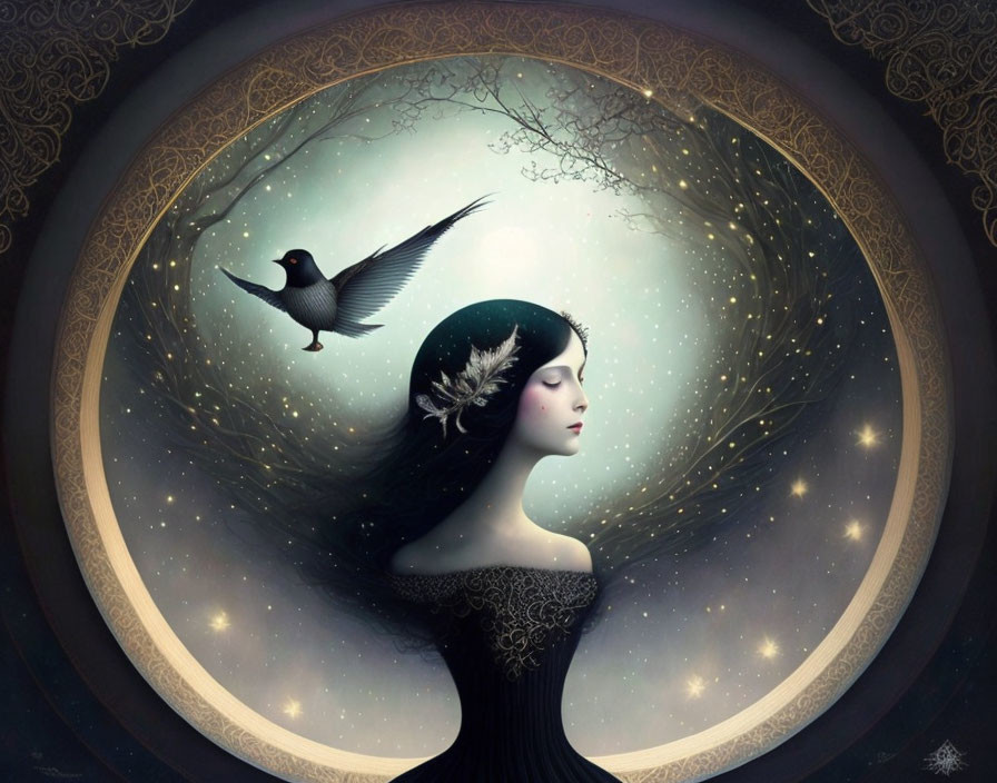 Surreal illustration of woman with starry night hair and bird in circular golden frame