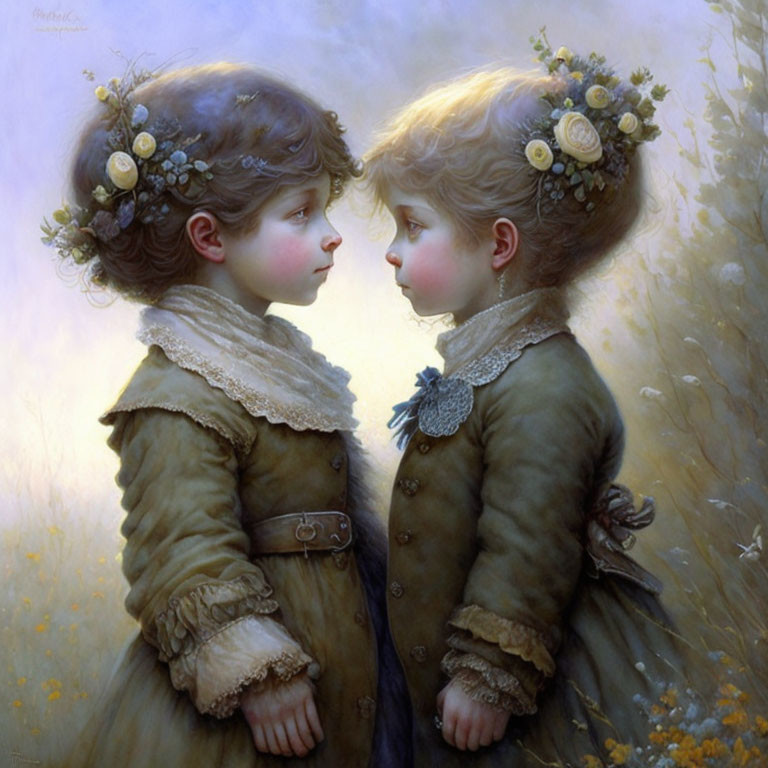 Children in vintage clothing with floral crowns against nature backdrop