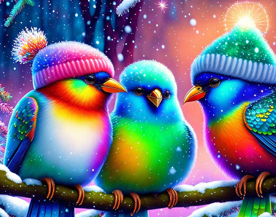 Colorful Cartoon Birds in Winter Scene with Snowy Background