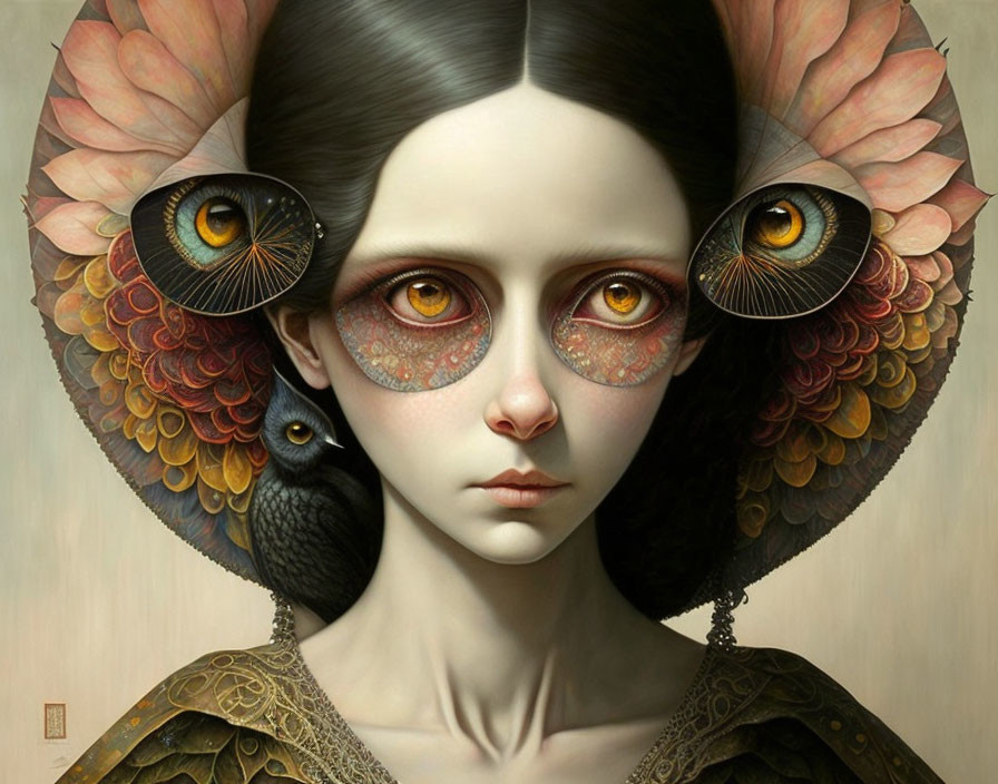 Surreal portrait of woman with multicolored eyes and blackbird on shoulder