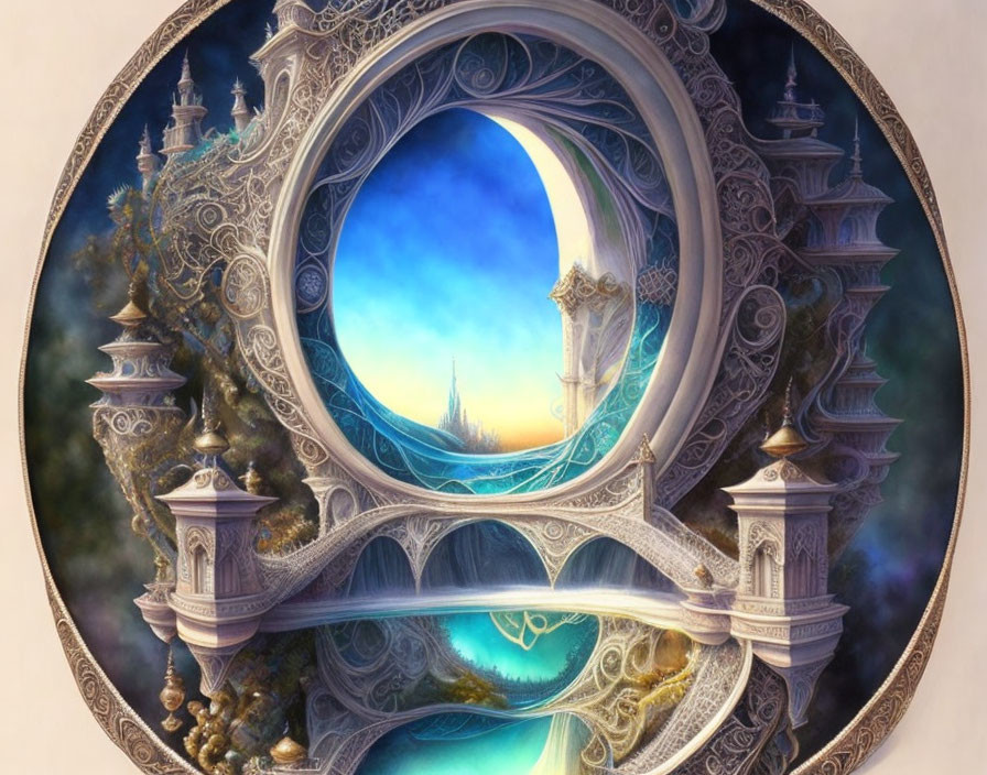 Fantasy-themed circular frame with mystical landscape and castle towers