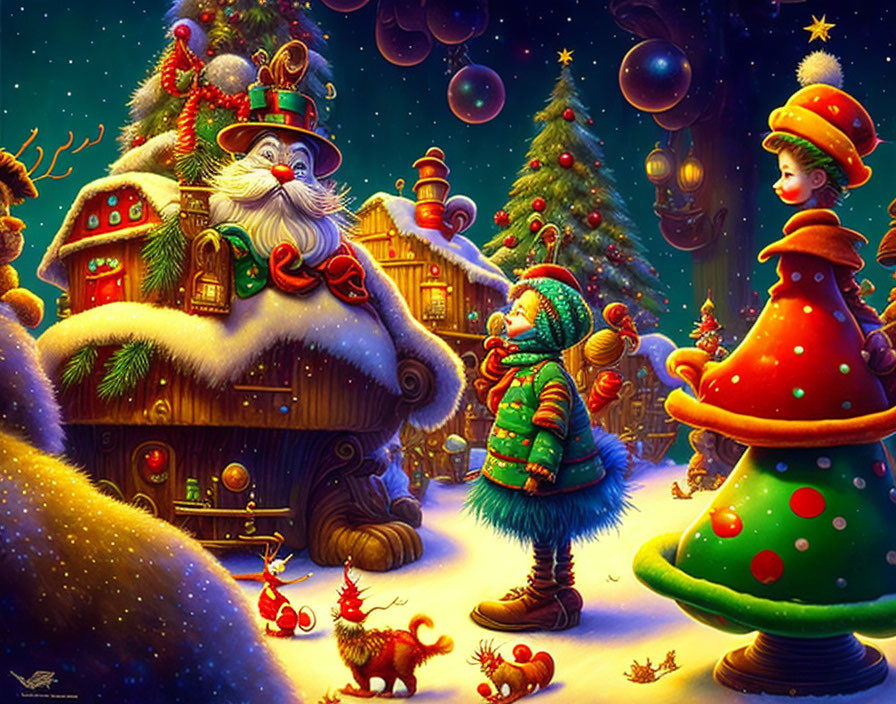 Festive Christmas scene with child, Santa, trees, gifts, cottage under starry sky