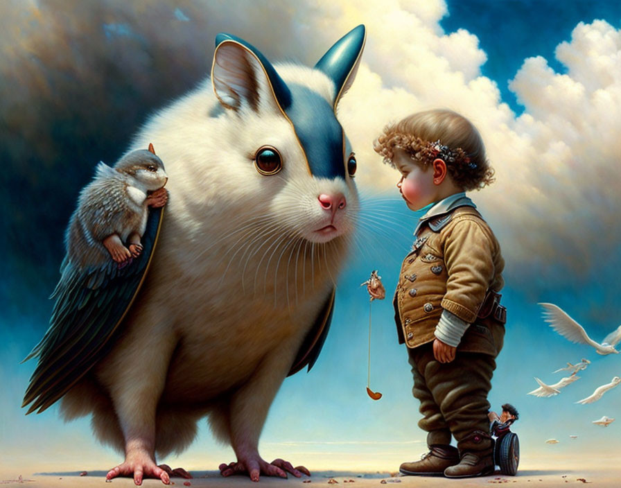 Surreal painting of child, cat-mouse-shark creature, and winged squirrel