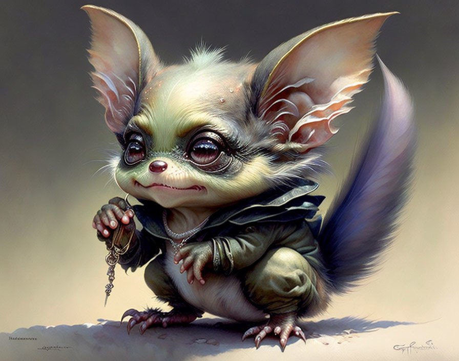 Fantasy creature with large ears and expressive eyes holding a pendant