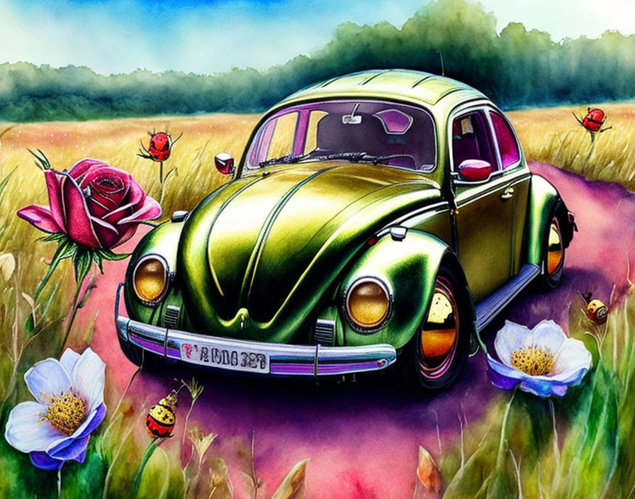 Colorful Volkswagen Beetle in Meadow with Flowers and Insects