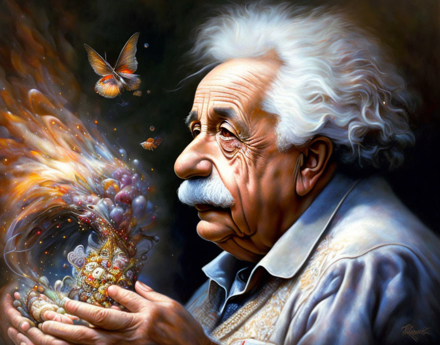 Elderly man with white hair holding cosmic orb, butterflies, and clock