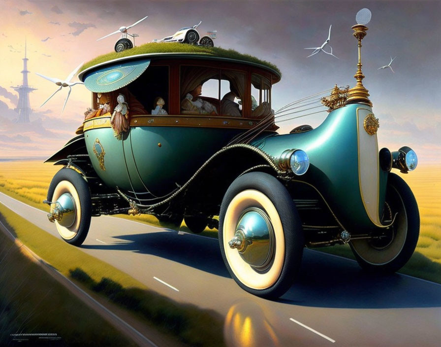 Vintage-Inspired Car with Rooftop Garden and Wind Turbines on Road