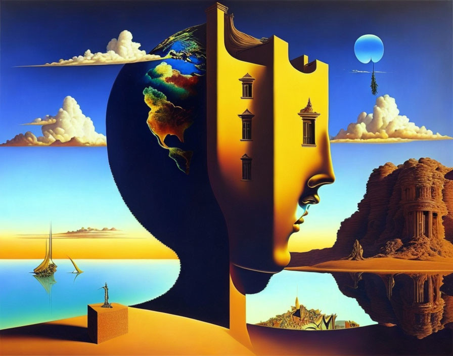 Split human head with architectural, landscapes, and celestial elements in surreal painting.