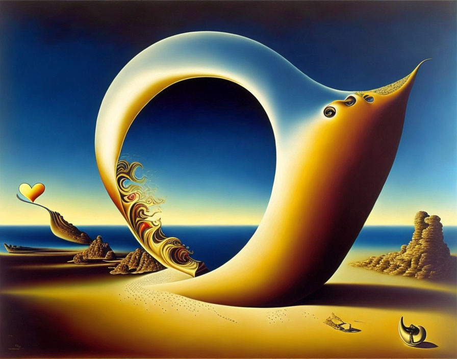 Surrealist painting of crescent moon with faces in desert landscape