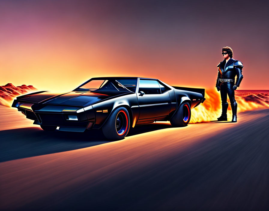 Futuristic man by black sports car on desert road at sunset