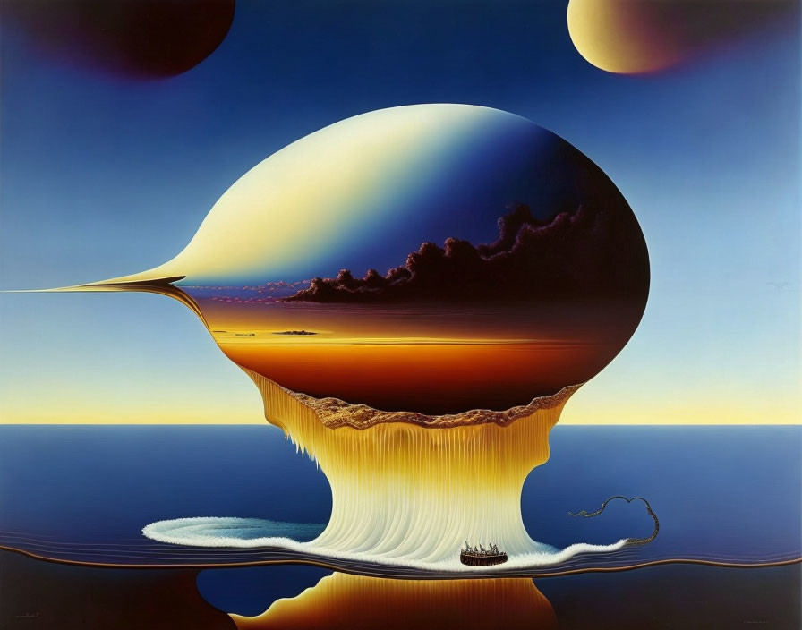 Surreal painting: droplet structure, seascape, ship, spheres, gradient sky