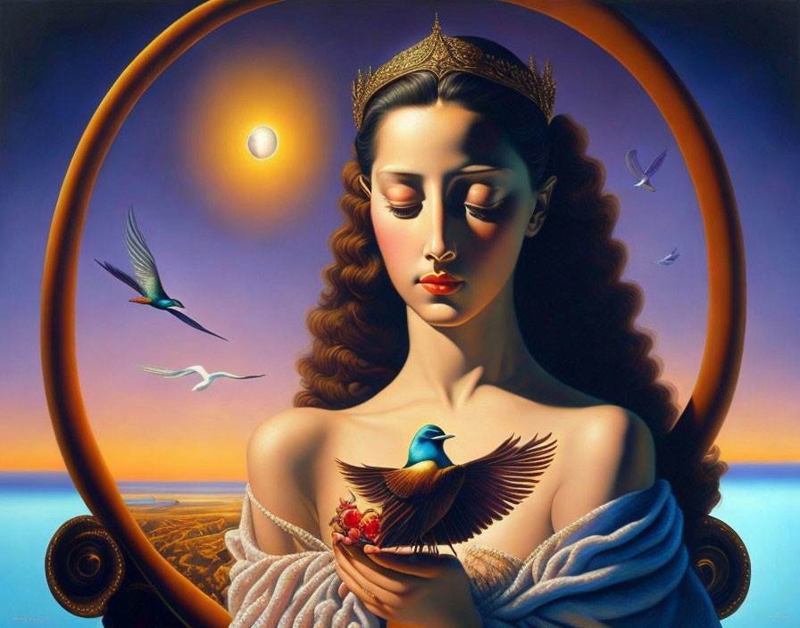 Surreal painting of woman with crown and bird, halo ring, birds in flight & scenic horizon