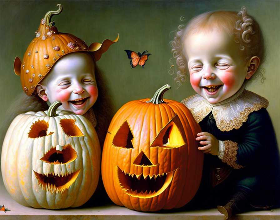 Children with pumpkin heads and carved pumpkin beside butterfly