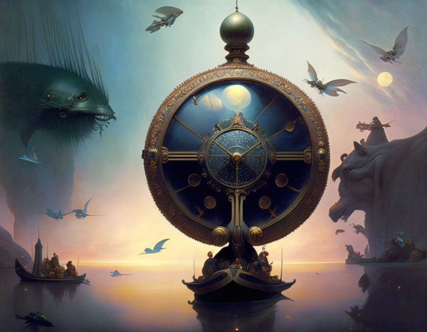 Fantastical celestial navigation instrument on a ship with serene creatures and flying ships in a twilight sky.