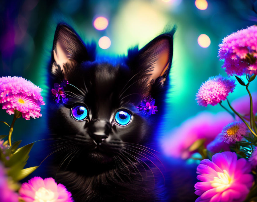 Black Kitten with Blue Eyes in Purple Flowers Under Blue Light