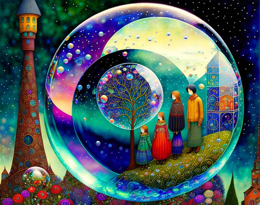 Colorful surreal artwork: family, tree, bubble, starry sky, towers, vivid patterns