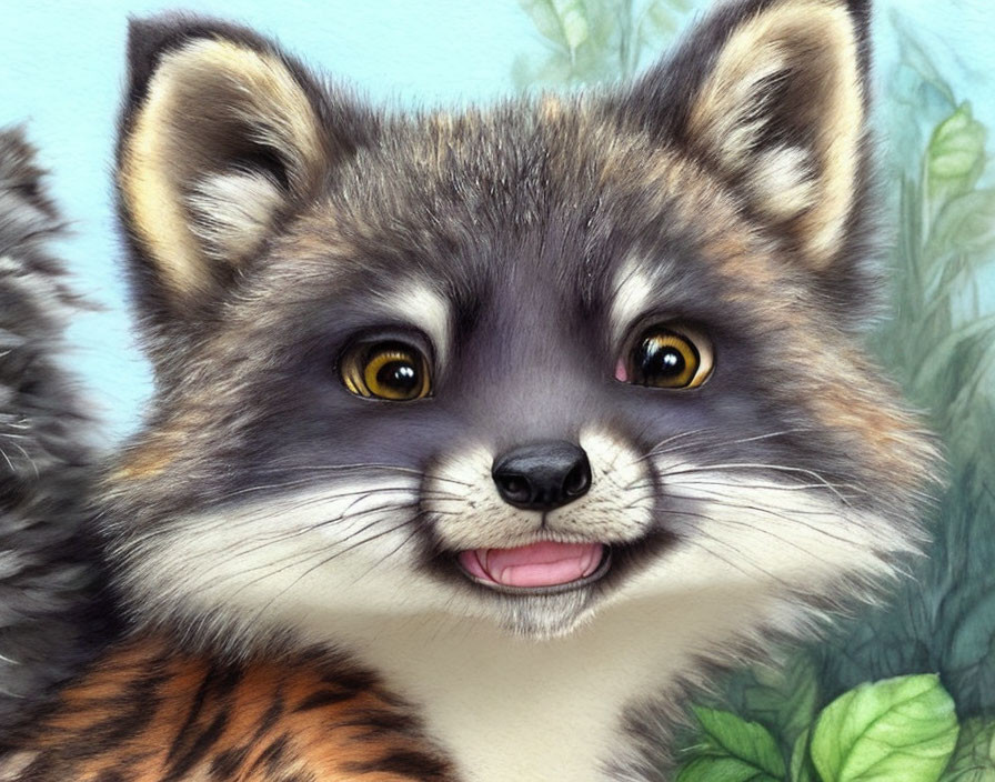 Detailed illustration of a raccoon with expressive eyes and grin in green foliage