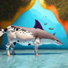 Surreal illustration: Cow-bodied creature with shark head in grassy field