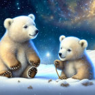 Illustrated polar bear cubs with rabbit in snowy landscape