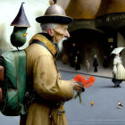 Surreal elderly man in steampunk attire with flowers, large bird in whimsical town.