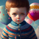 Realistic painting: Child with curly hair and colorful balloons under whimsical light