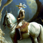 Warrior woman in armor riding white horse in fantasy landscape