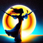 Silhouette of woman dancing in cosmic background with glowing circles