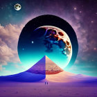 Surreal landscape with pyramid under starry sky