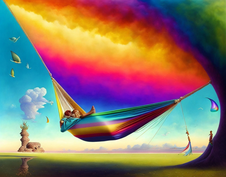 Person relaxing in colorful hammock under surreal sky